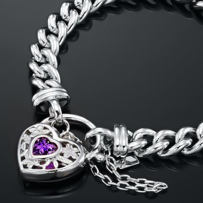 925 Sterling Silver Plated Euro Chain Bracelet with a Purple Filigree Locket - USA Made-3
